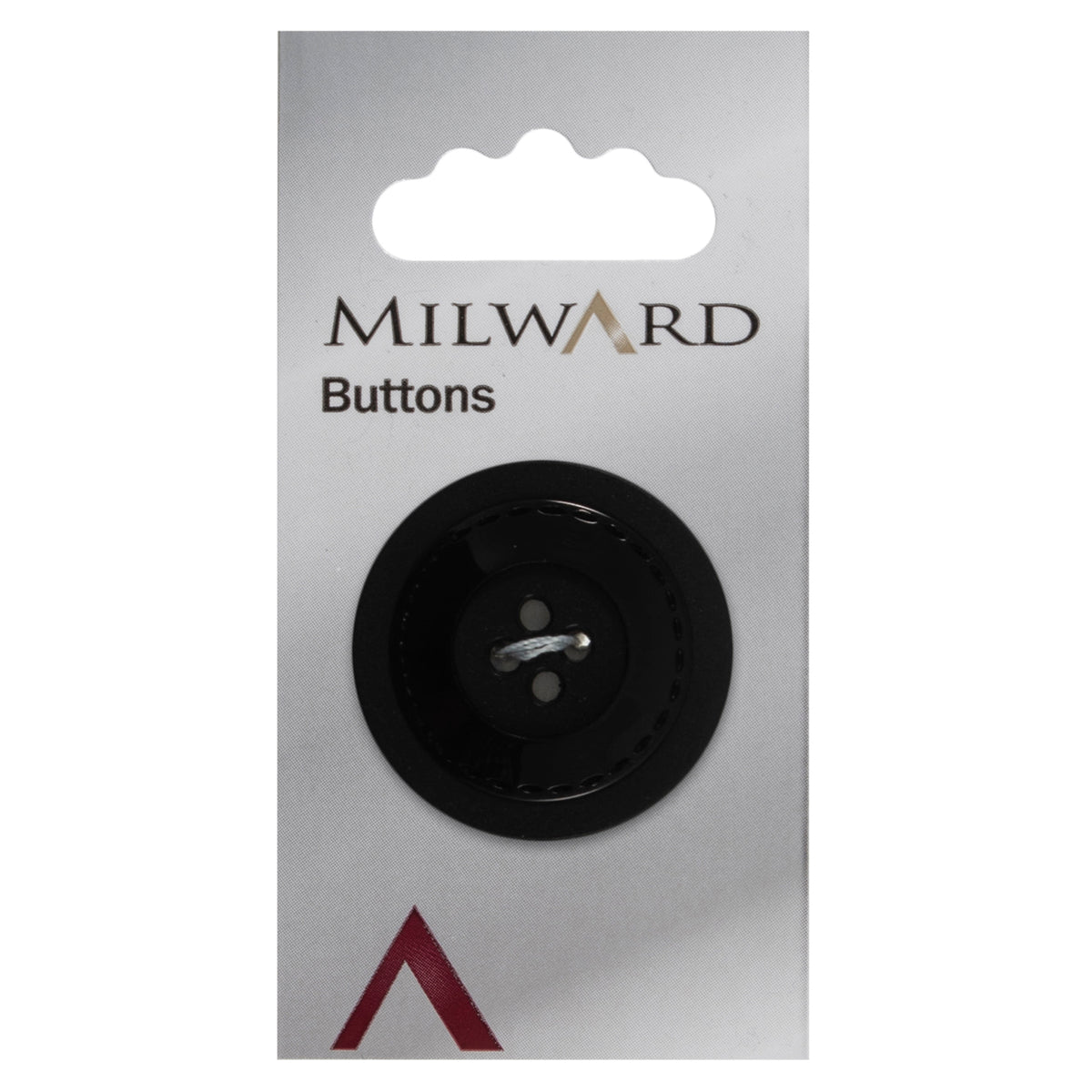 Large black button with matte and shiny finish and four holes
