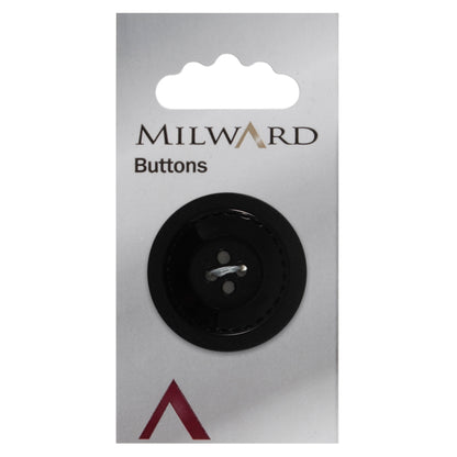 Large black button with matte and shiny finish and four holes