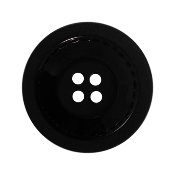 Large black button with matte and shiny finish and four holes