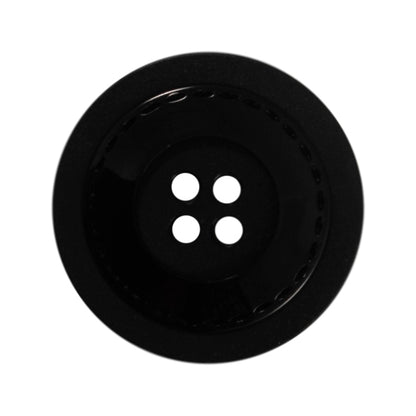 Large black button with matte and shiny finish and four holes