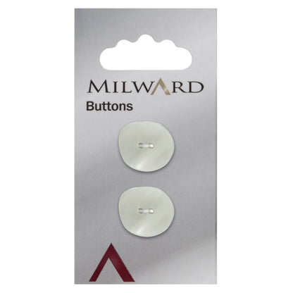 2 white shaped pearlescent Milward 2 hole buttons on a card