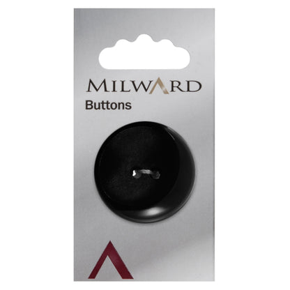 One black large shaped shiny and matt Milward 2 hole button on a card