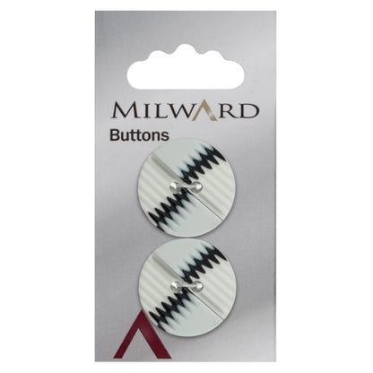2 white zig-zag patterned Milward 2 hole buttons on a card