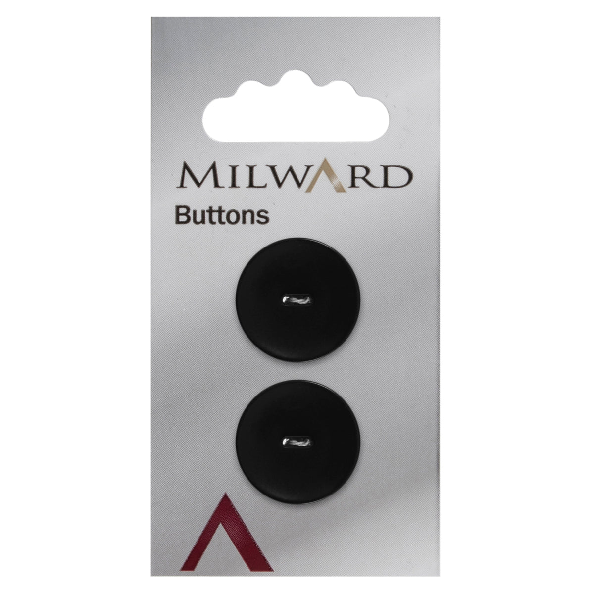 2 black round pearlescent Milward 2 hole buttons on a card