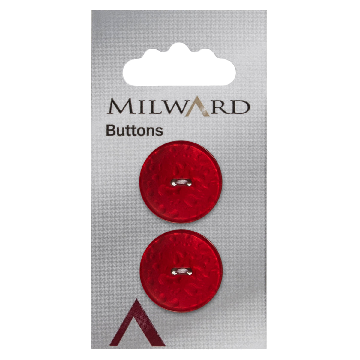 2 red round pearlescent Milward 2 hole buttons on a card