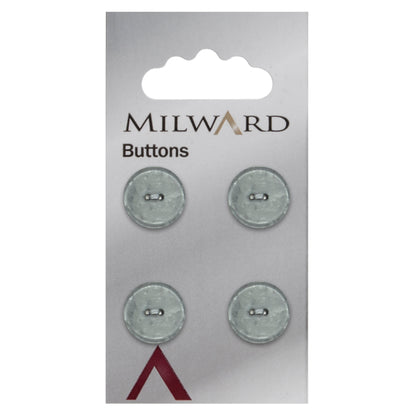 4 grey round pearlescent Milward 2 hole buttons on a card