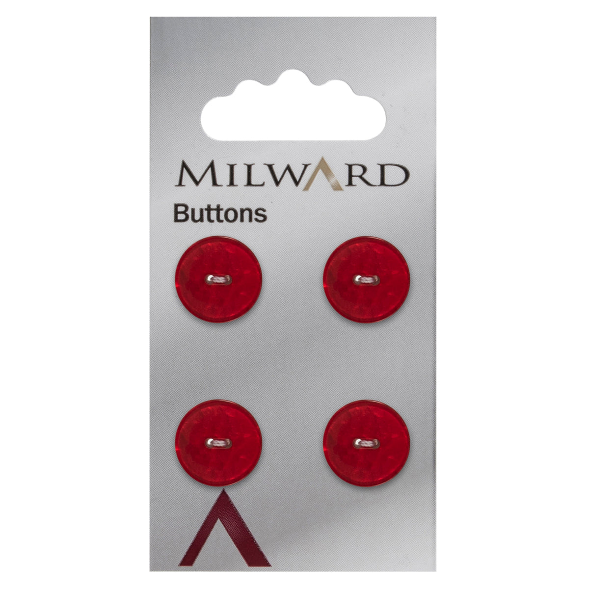 4 red round pearlescent Milward 2 hole buttons on a card