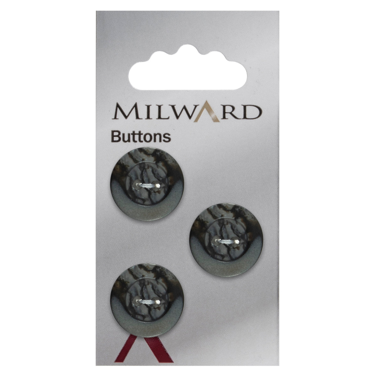 3 charcoal and black bone effect rimmed Milward 2 hole buttons on a card