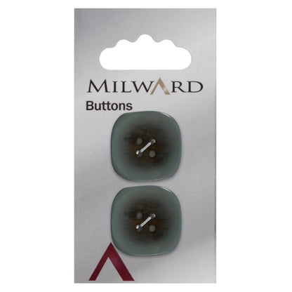 Two 22mm rounded square, two-tone teal buttons on a Milward card