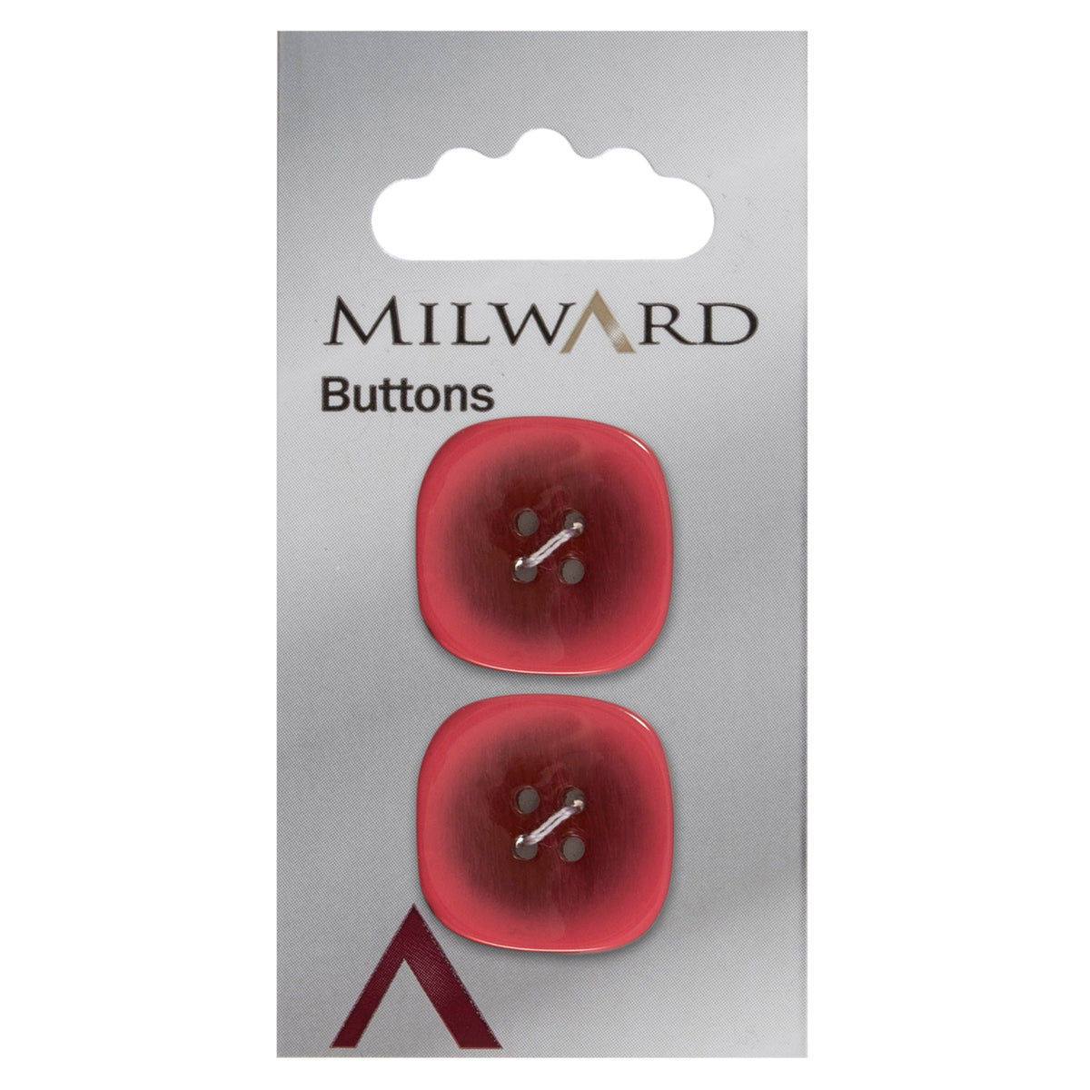 Two 22mm rounded square, two-tone pink buttons on a Milward card