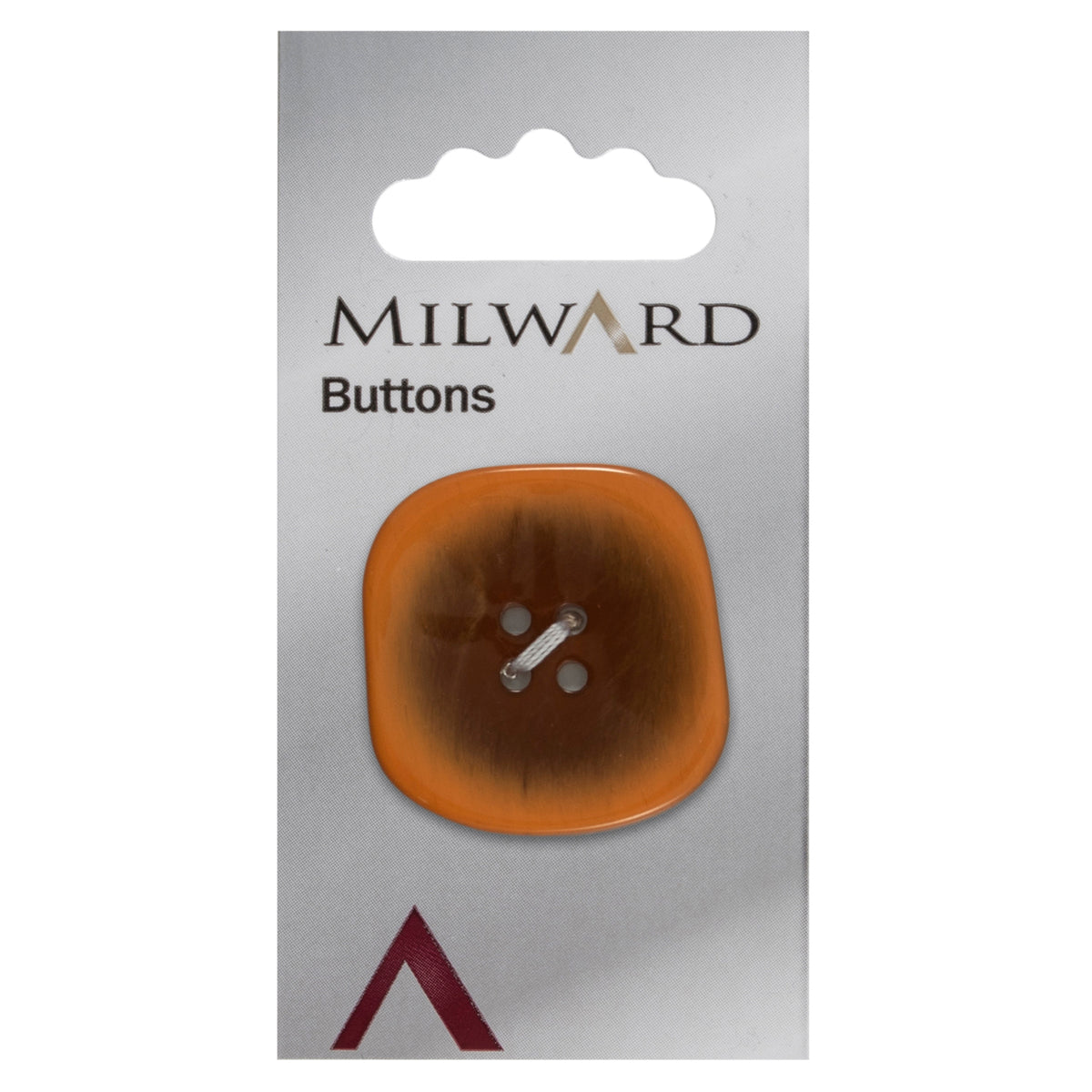 One 34mm rounded square, two-tone orange button on a Milward card
