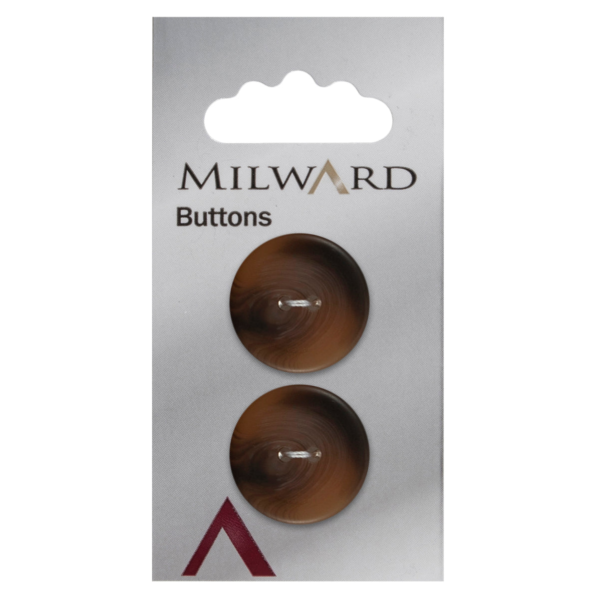 Two 22mm round tortoiseshell buttons with a matt finish on a Milward card