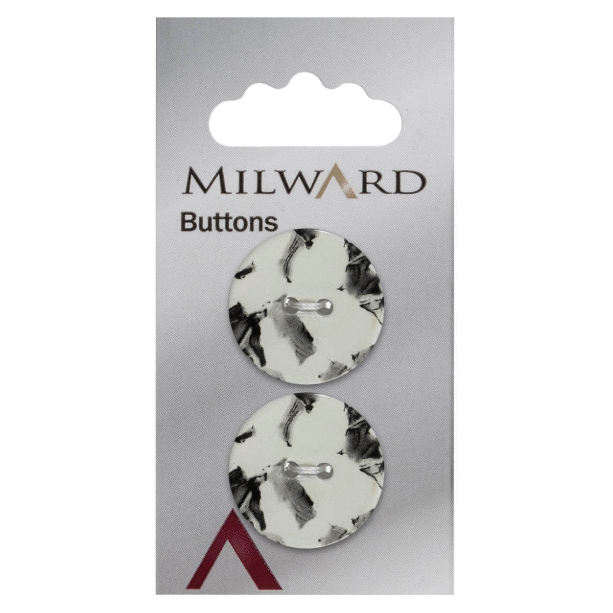 Two 22mm round white buttons with a black marble effect on a Milward card