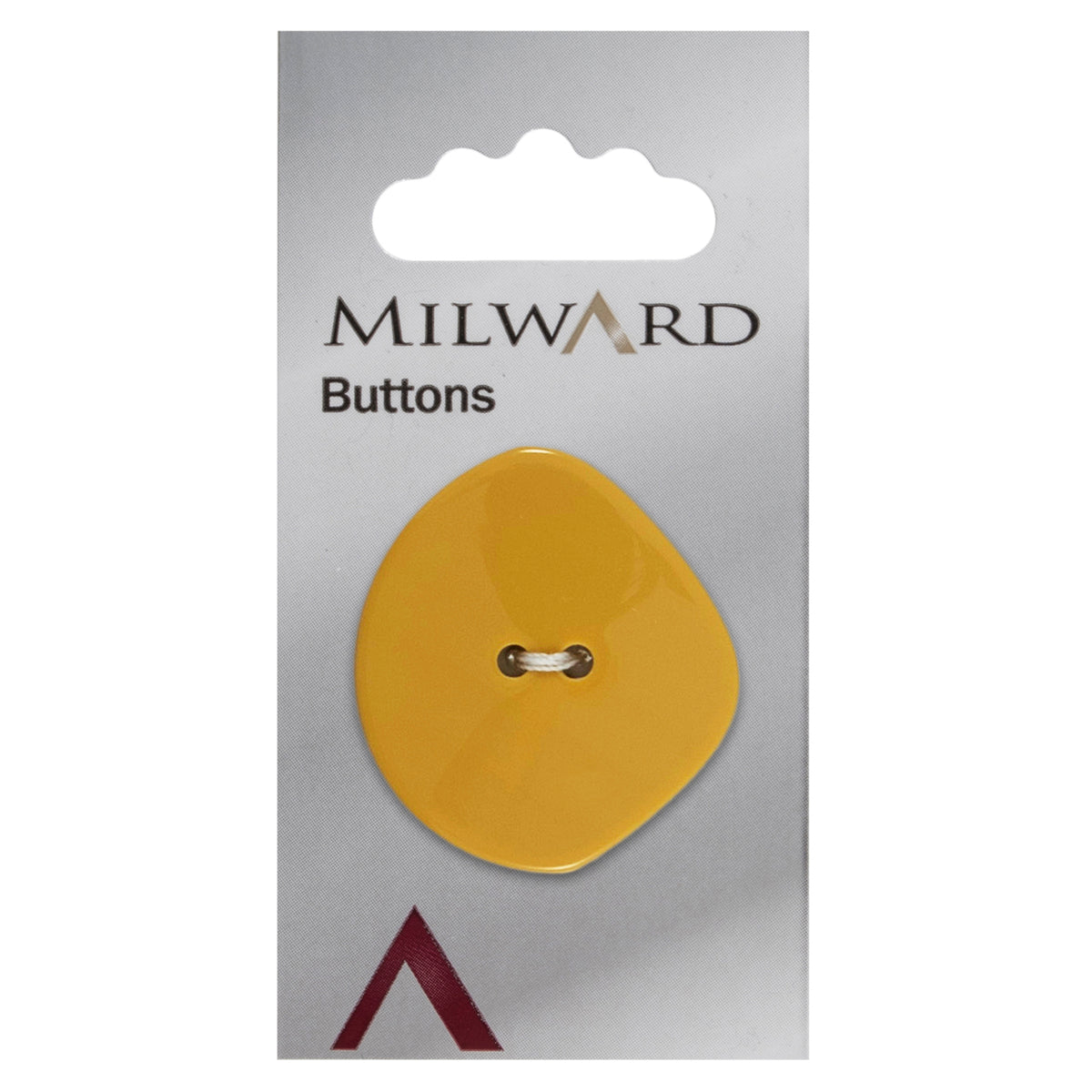 One 38mm large shaped mustard button on a Milward card
