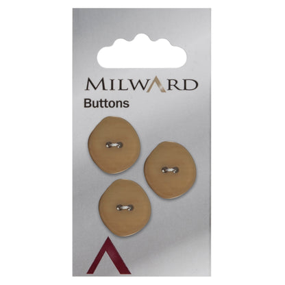 Three 22mm rounded oval beige buttons with a stone effect on a Milward card