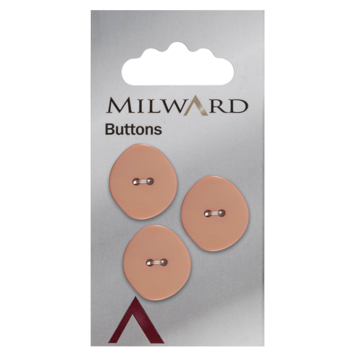 Three 22mm rounded oval pink buttons with a stone effect on a Milward card