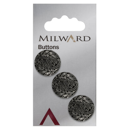 3 antique silver buttons with a feather detail on a Milward card