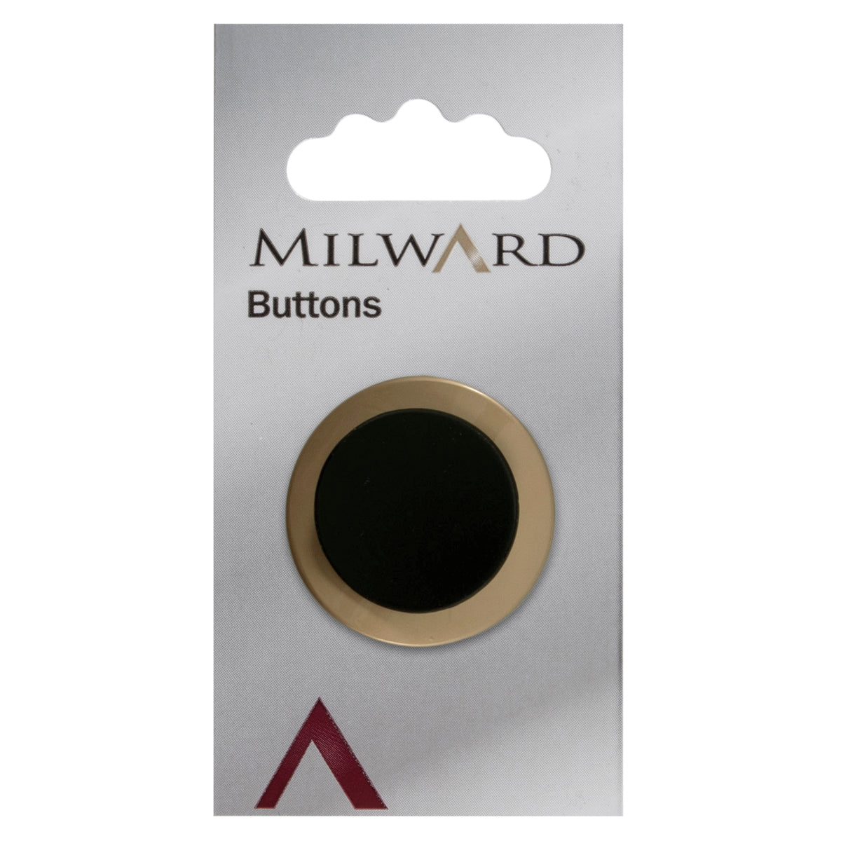 Large gold button with a curved black centre on a Milward card