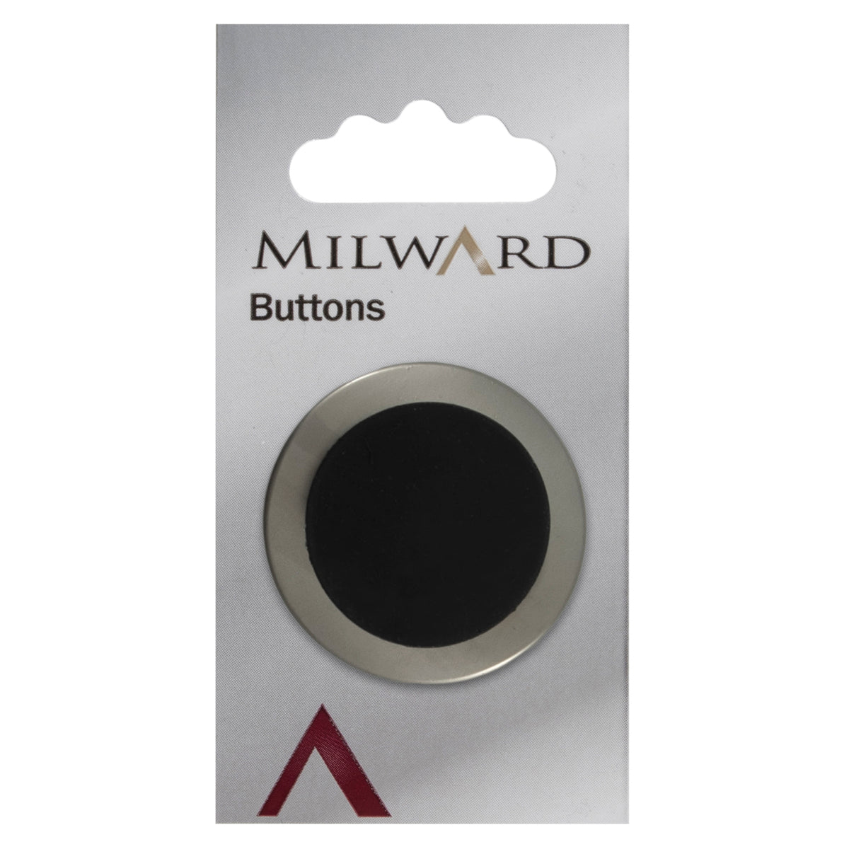 Large silver button with a curved black centre on a Milward card