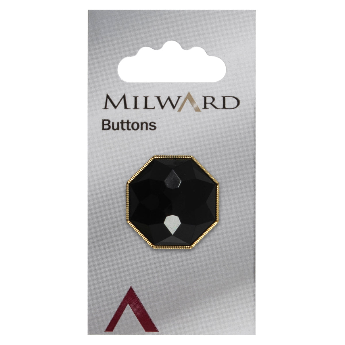 Black gem octagon button with a gold edge on a Milward card