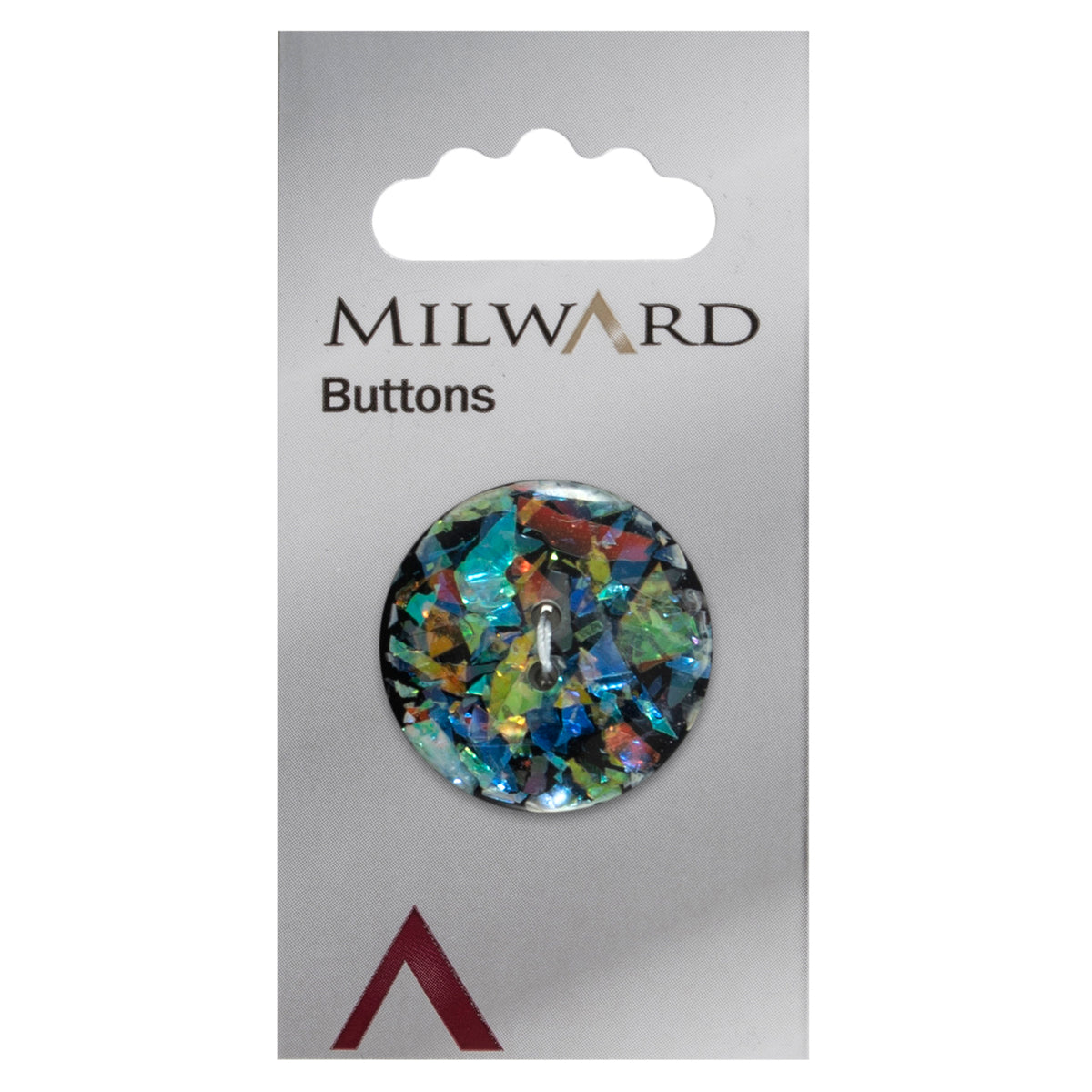 Black button with multicoloured sparkly flecks on a Milward card