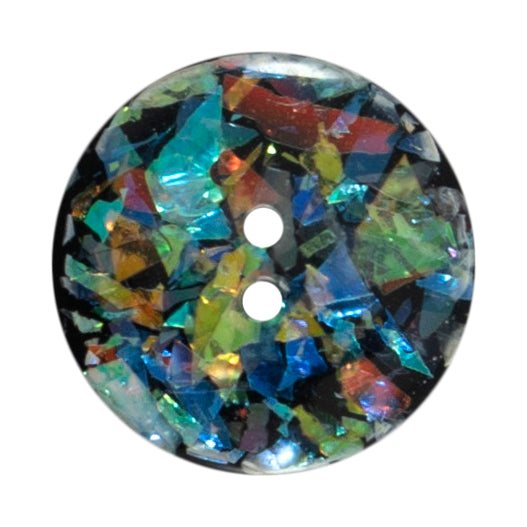 Black button with multicoloured sparkly flecks on a Milward card