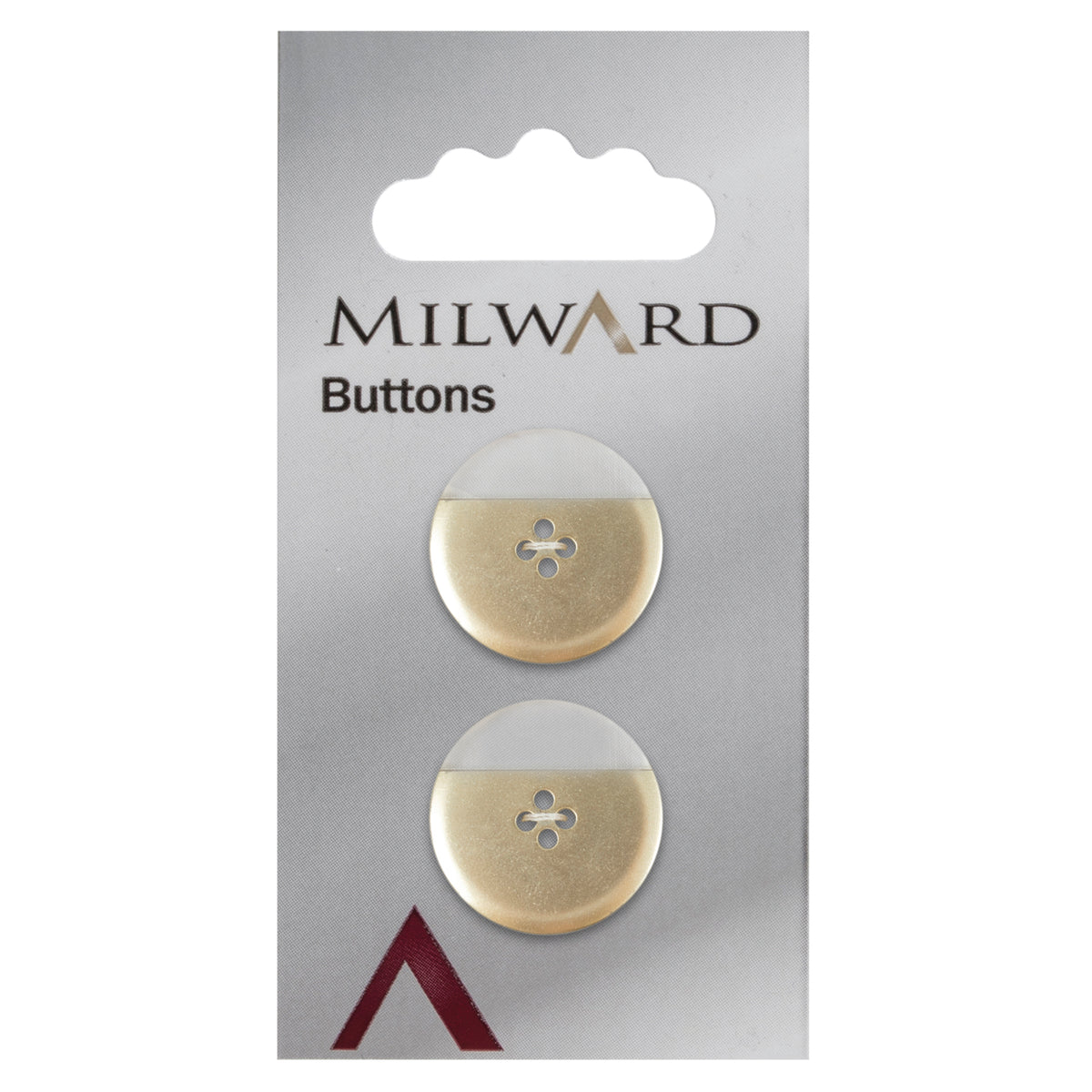 2 clear buttons partly backed in silver on a Milward card
