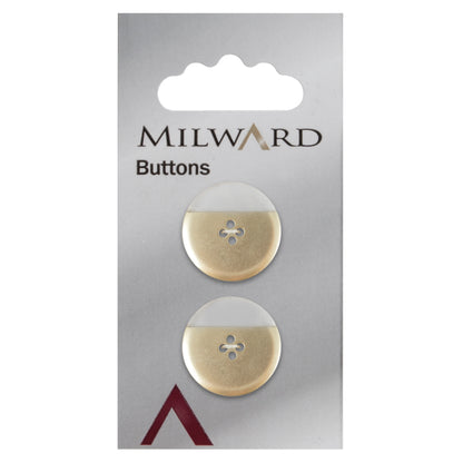2 clear buttons partly backed in silver on a Milward card
