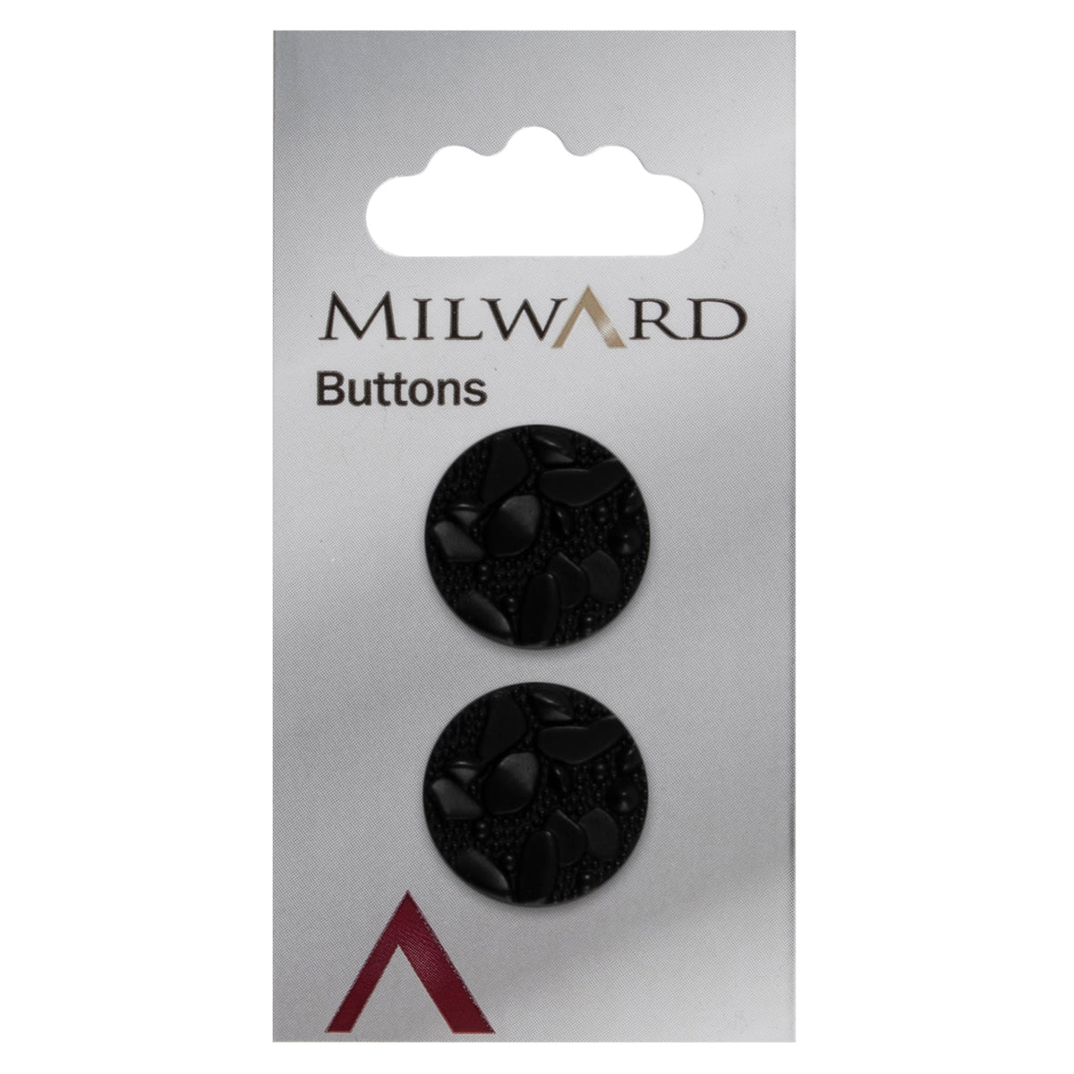 Two irregular matt black stone effect buttons on a card