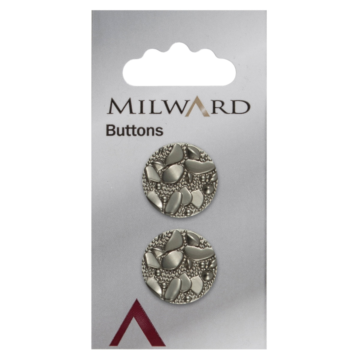 Two irregular silver stone effect buttons on a card