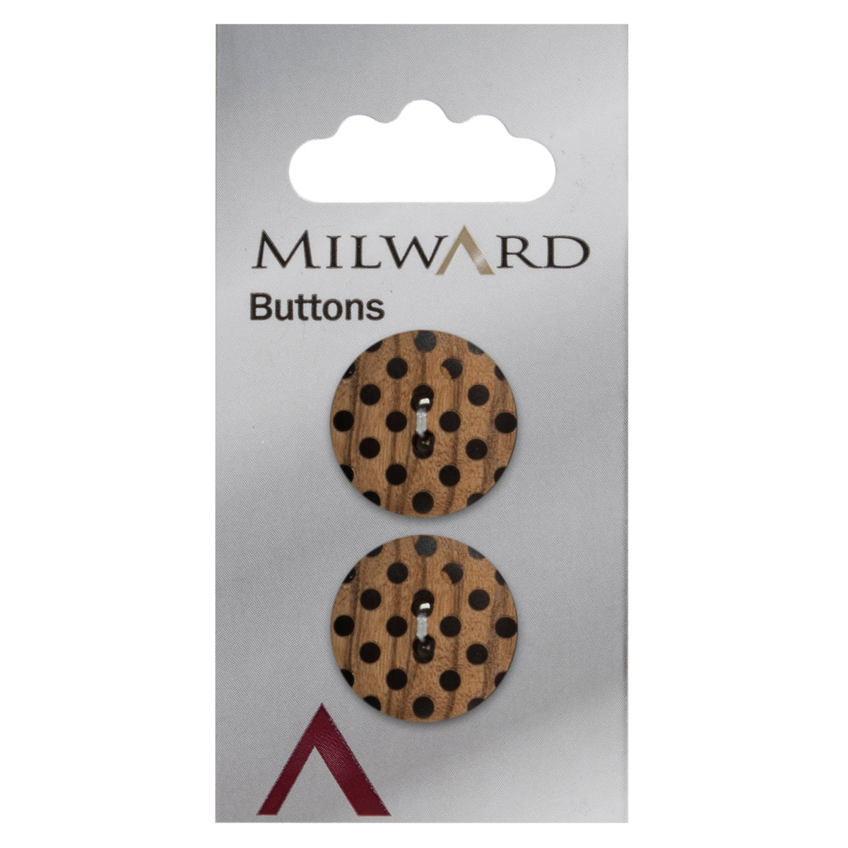 2 round wooden buttons with black polka dots on a Milward card