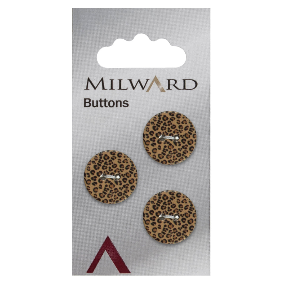 3 small dark leopard print buttons on a Milward card