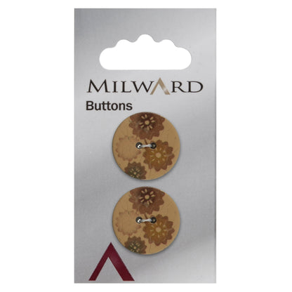 2 round coconut buttons with a flower print on a Milward card