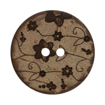 2 coconut buttons with an engraved flower design on a Milward card
