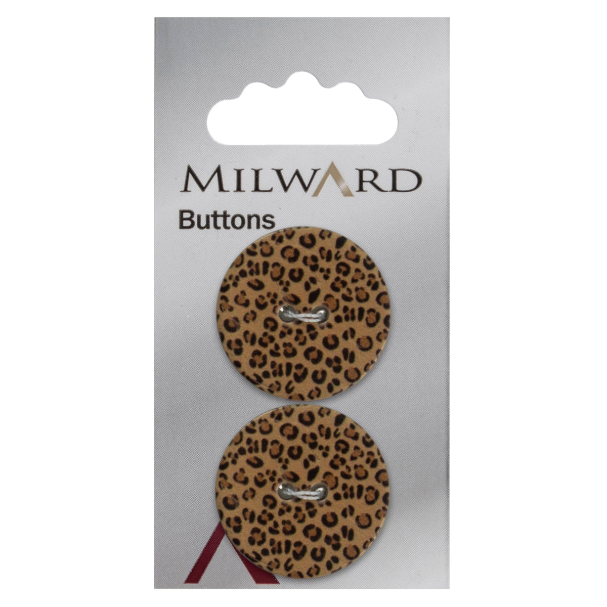 2 leopard print coconut buttons on a Milward card