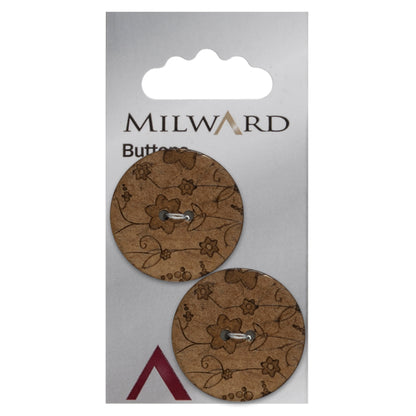 2 coconut buttons with an engraved flower design on a Milward card