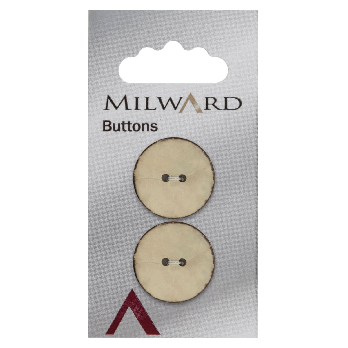 2 round beige coconut buttons on a Milward card