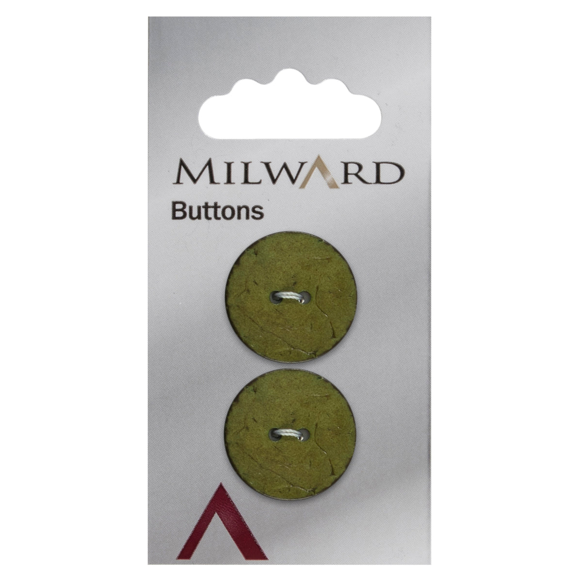 2 round moss green coconut buttons on a Milward card