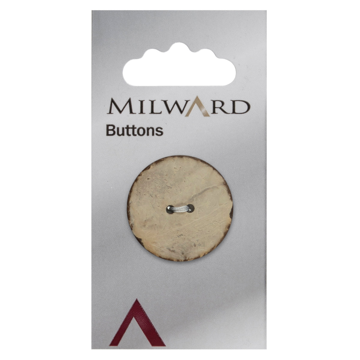 Round beige coconut button on a Milward card