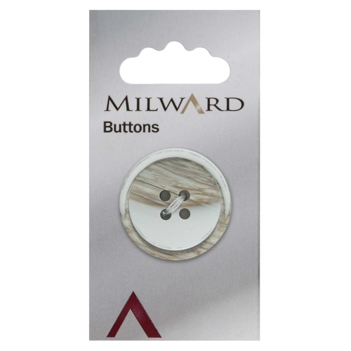 White, stone-coloured round button with a slightly tilted centre on a Milward card