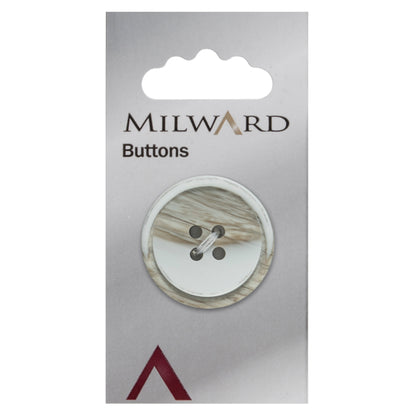 White, stone-coloured round button with a slightly tilted centre on a Milward card