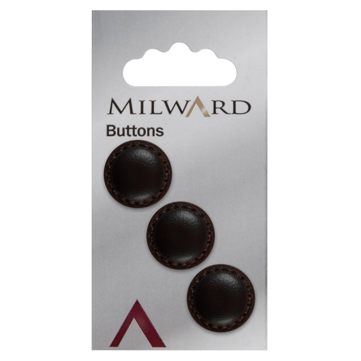 3 chocolate brown imitation leather buttons with a stitched rim on a Milward card