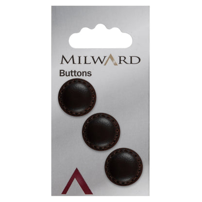3 chocolate brown imitation leather buttons with a stitched rim on a Milward card