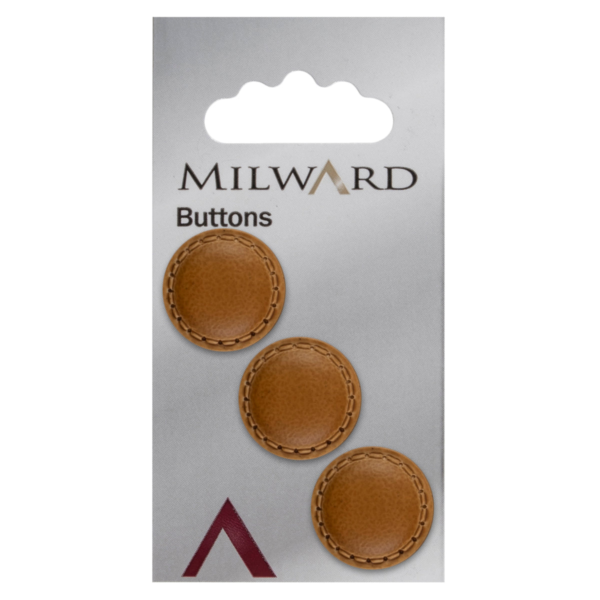3 light tan imitation leather buttons with a stitched rim on a Milward card