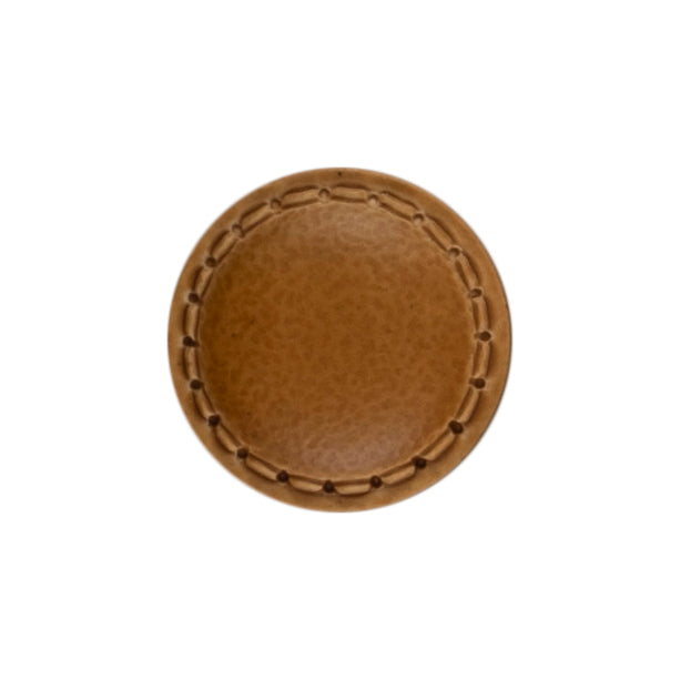 3 light tan imitation leather buttons with a stitched rim on a Milward card