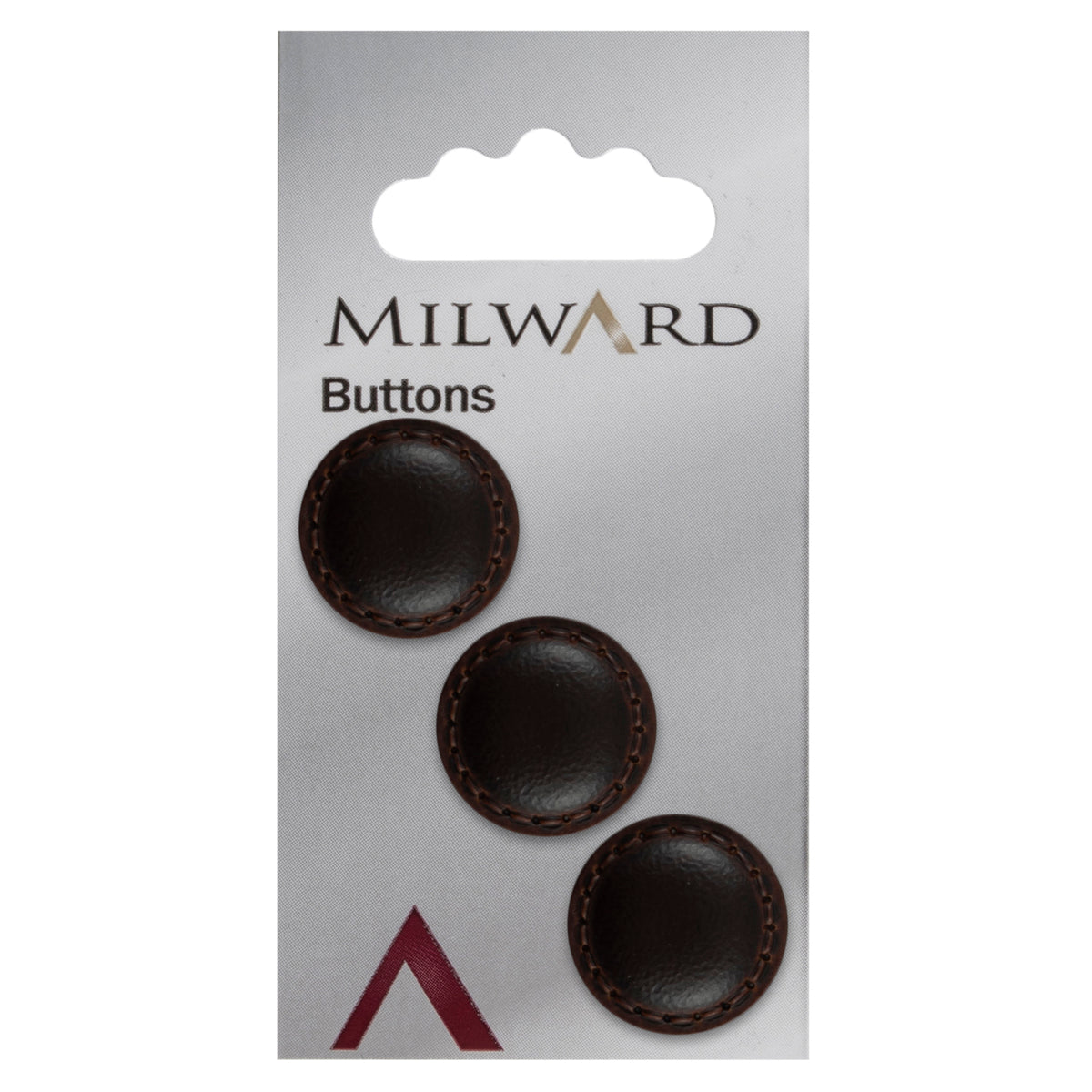 3 dark brown imitation leather buttons with a stitched rim on a Milward card