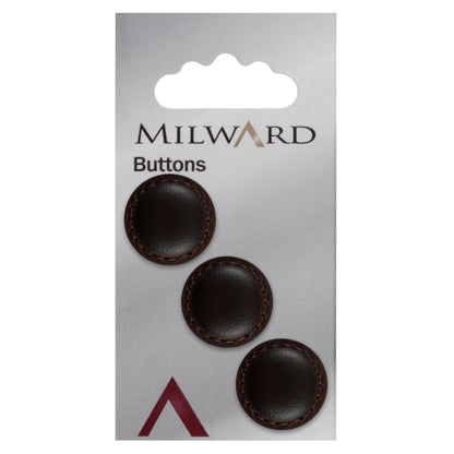 3 dark brown imitation leather buttons with a stitched rim on a Milward card