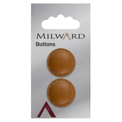 2 chocolate brown imitation leather buttons with a stitched rim on a Milward card