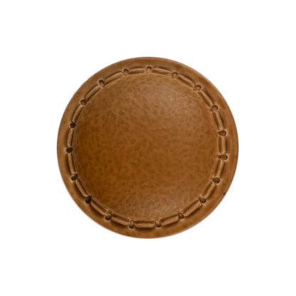 2 chocolate brown imitation leather buttons with a stitched rim on a Milward card