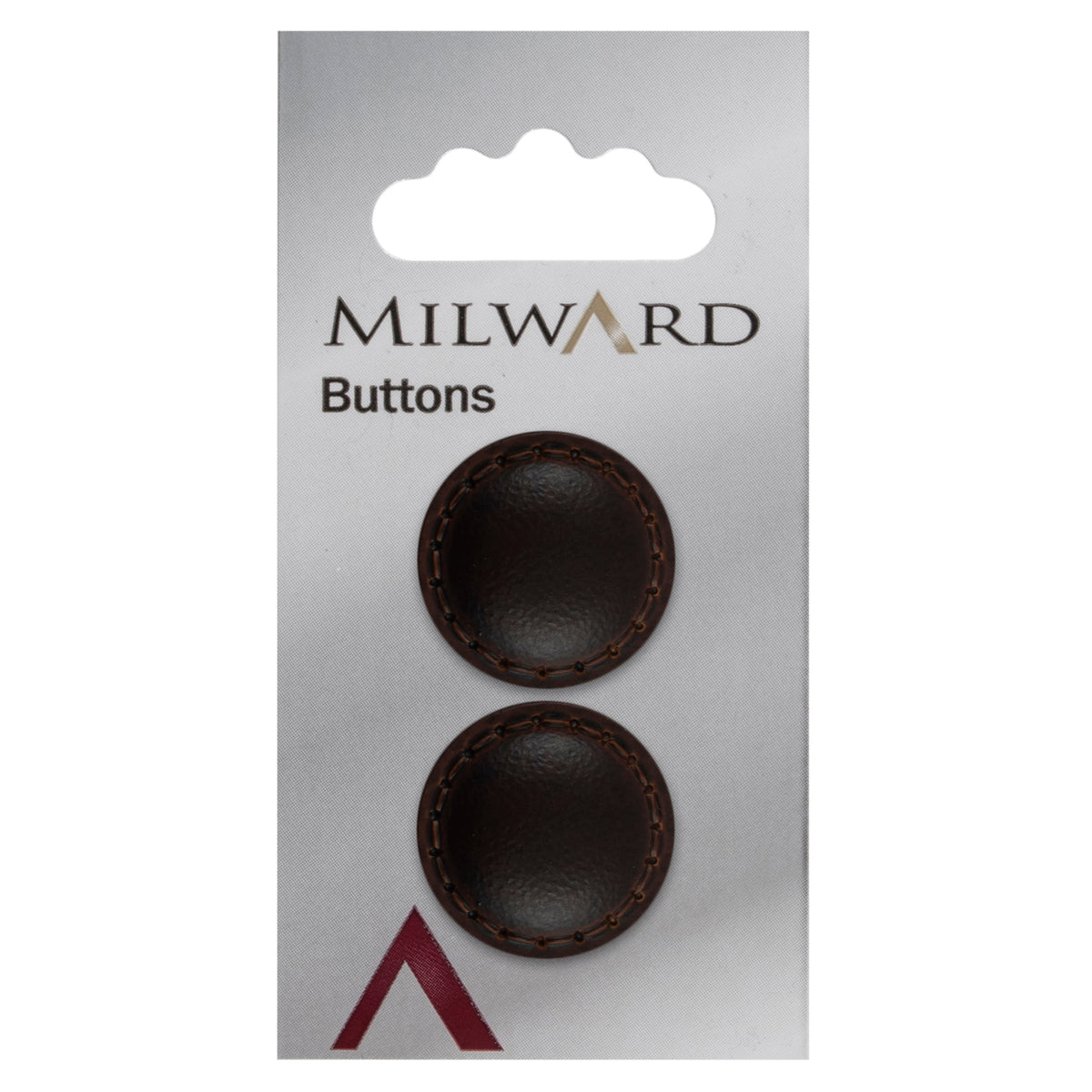 Two chocolate brown imitation leather buttons with stitched rims on a Milward card